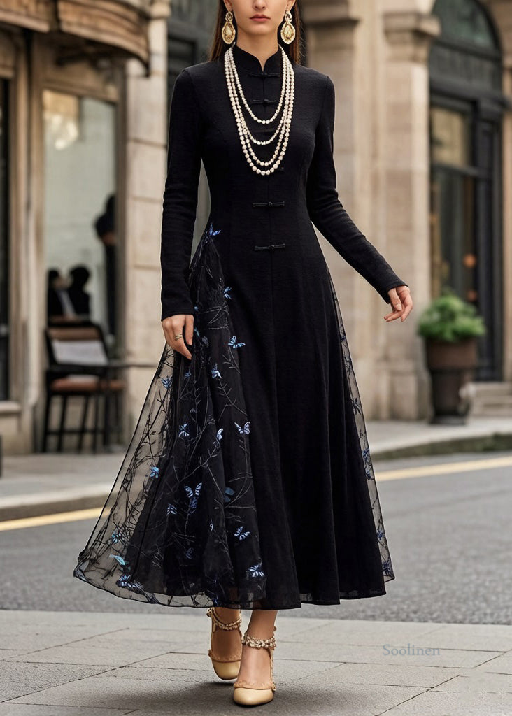 Slim Fit Black Chinese Button Butterfly Tulle Patchwork Long Dresses Spring