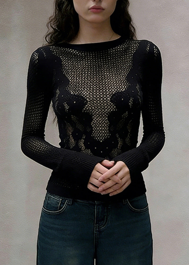 Slim Fit Black Hollow Out Knitting Cotton T Shirt Spring
