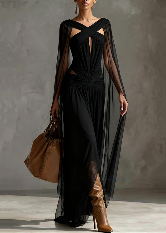 Slim Fit Black Hollow Out Wrinkled Tulle Party Dress Summer
