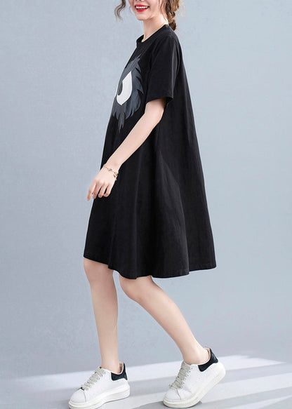 Slim Fit Black O-neck Appliques A-line Dresses Short Sleeve