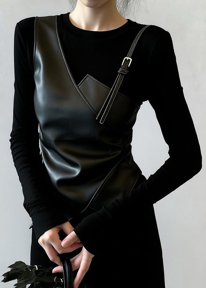 Slim Fit Black O-neck Faux Leather Patchwork False Two Pieces T Shirt Spring