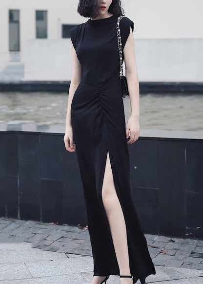 Slim Fit Black O-neck Front Open Patchwork Chiffon Long Dresses Summer