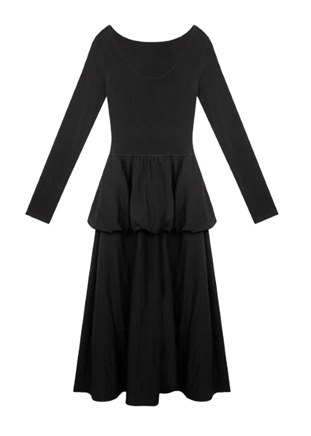 Slim Fit Black O Neck High Waist Cotton Long Dress Spring