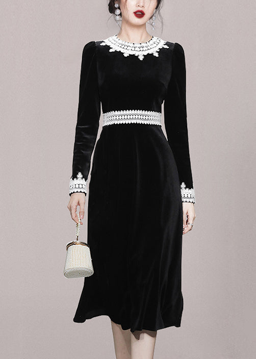 Slim Fit Black O-neck Lace Patchwork Velour Dress Fall