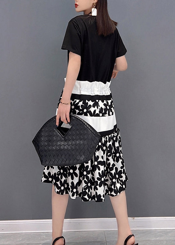 Slim Fit Black O-neck Print Drawstring Patchwork Long Dress Short Sleeve