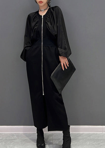 Slim Fit Black O-neck Zippered Maxi Dress Fall