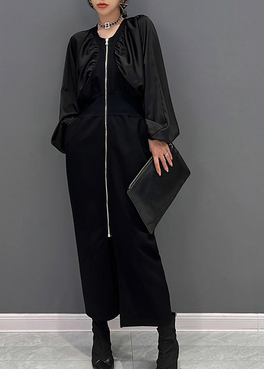 Slim Fit Black O-neck Zippered Maxi Dress Fall