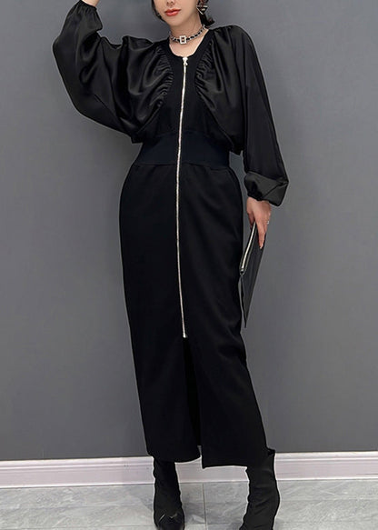 Slim Fit Black O-neck Zippered Maxi Dress Fall