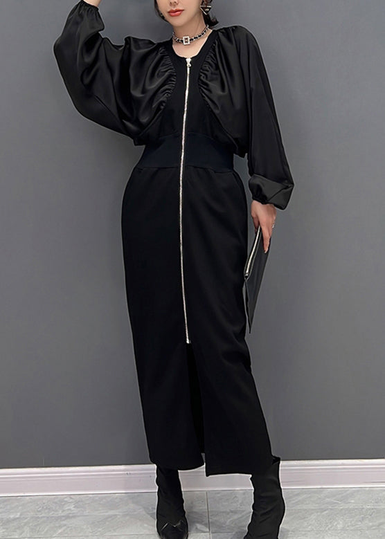 Slim Fit Black O-neck Zippered Maxi Dress Fall