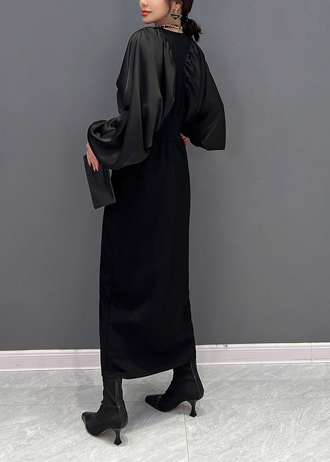 Slim Fit Black O-neck Zippered Maxi Dress Fall