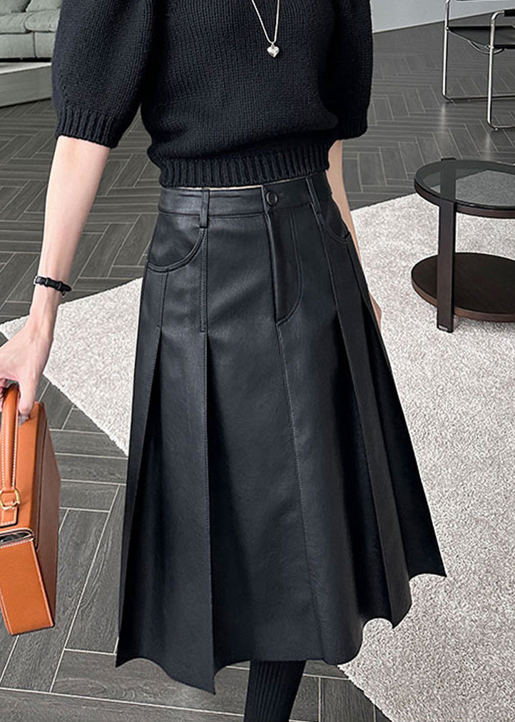 Slim Fit Black Pockets High Waist Faux Leather Skirt Spring