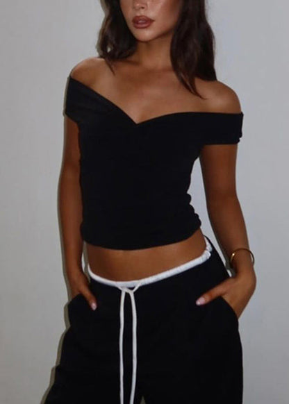 Slim Fit Black Slash Neck Cotton T Shirts Summer