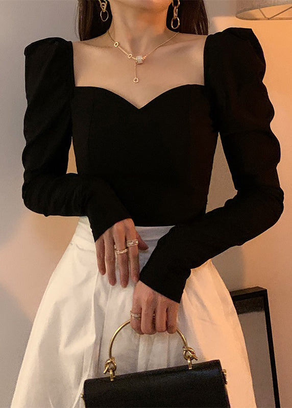 Slim Fit Black Asymmetrical Cotton T Shirt Long Sleeve