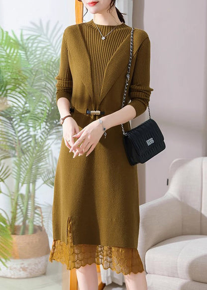 Slim Fit Black Stand Collar Lack Patchwork Llong Cotton Knit Sweater Dress Spring