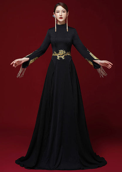 Slim Fit Black Stand Collar Patchwork Silk Mopping Fishtail Maxi Dress Long Sleeve