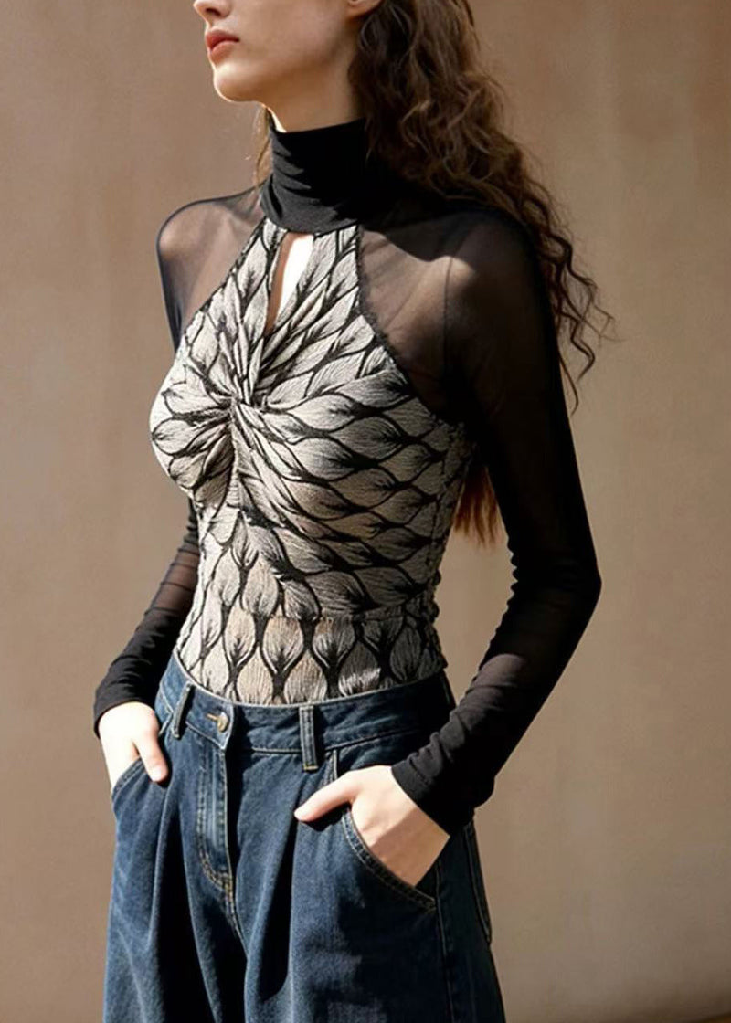 Slim Fit Black Turtleneck Hollow Out Tulle Patchwork T Shirt Spring