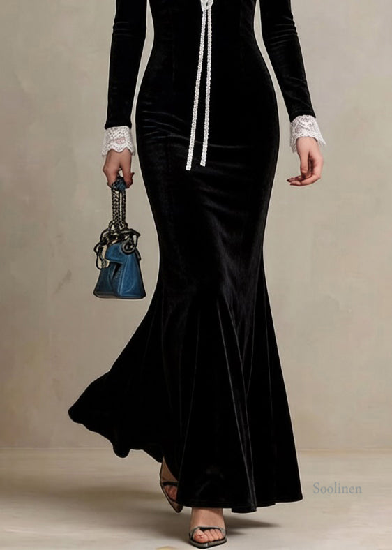 Slim Fit Black V Neck Lace Patchwork Cotton Fish Tail Dress Spring
