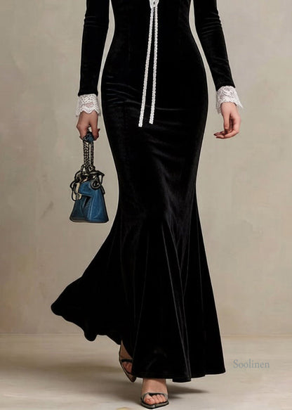 Slim Fit Black V Neck Lace Patchwork Cotton Fish Tail Dress Spring