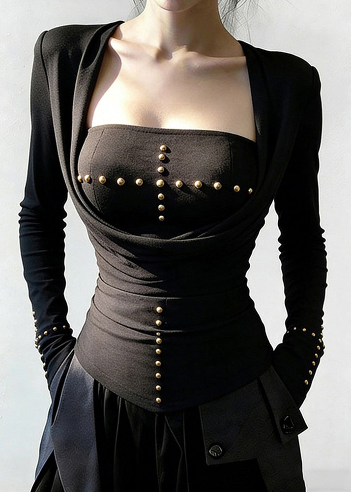Slim Fit Black Wrinkled Nail Bead Cotton T Shirt Spring