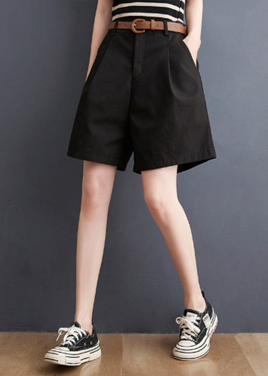 Slim Fit Black Wrinkled Pockets Hot Pants Summer