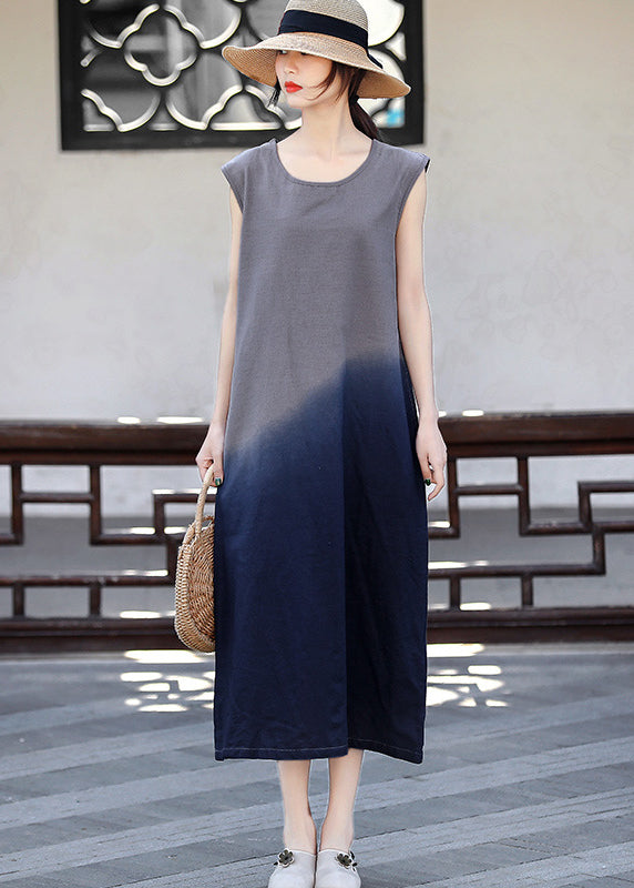 Slim Fit Blackish Green O-neck Color Contrast Tie Dye Long Dress Sleeveless