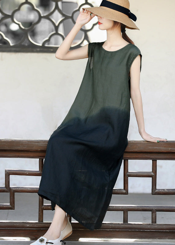 Slim Fit Blackish Green O-neck Color Contrast Tie Dye Long Dress Sleeveless