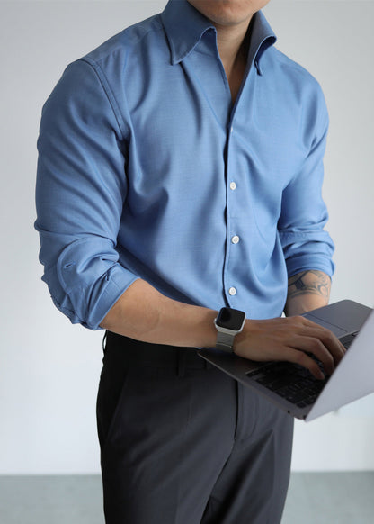 Slim Fit Blue Button Solid Cotton Shirt Men Fall