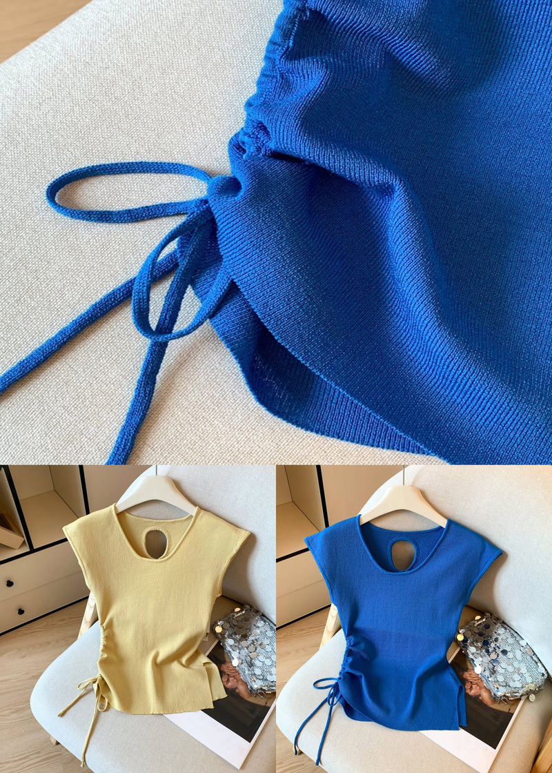 Slim Fit Blue Hollow Out Lace Up Knit T Shirts Summer