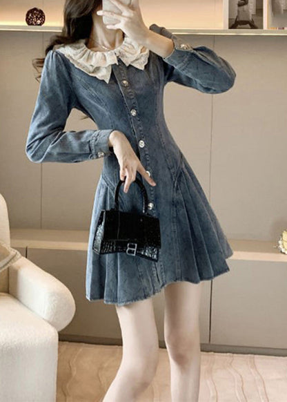 Slim Fit Blue O-neck Lace Patchwork Button Denim Mid Dress Long Sleeve
