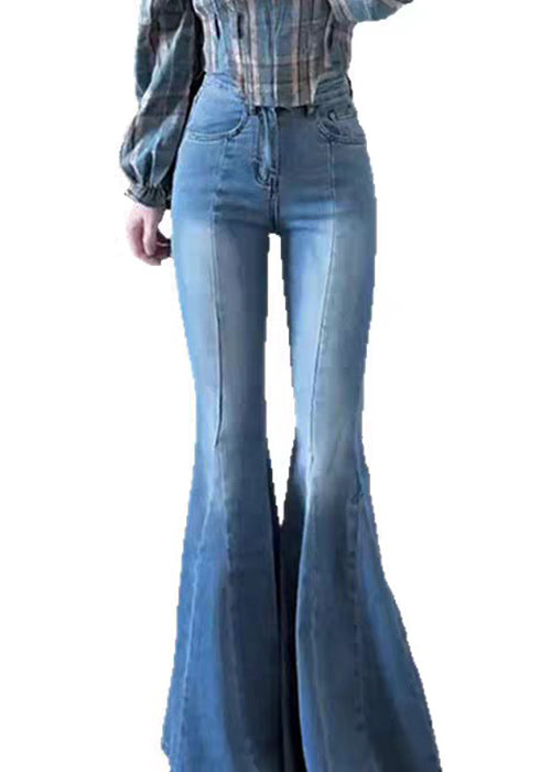 Slim Fit Blue Pockets High Waist Denim Flared Trousers Spring