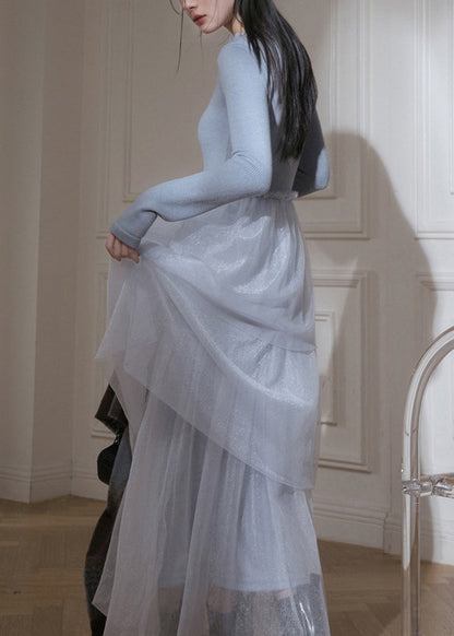 Slim Fit Blue Ruffled Up Tulle Patchwork Knit Long Dresses Spring
