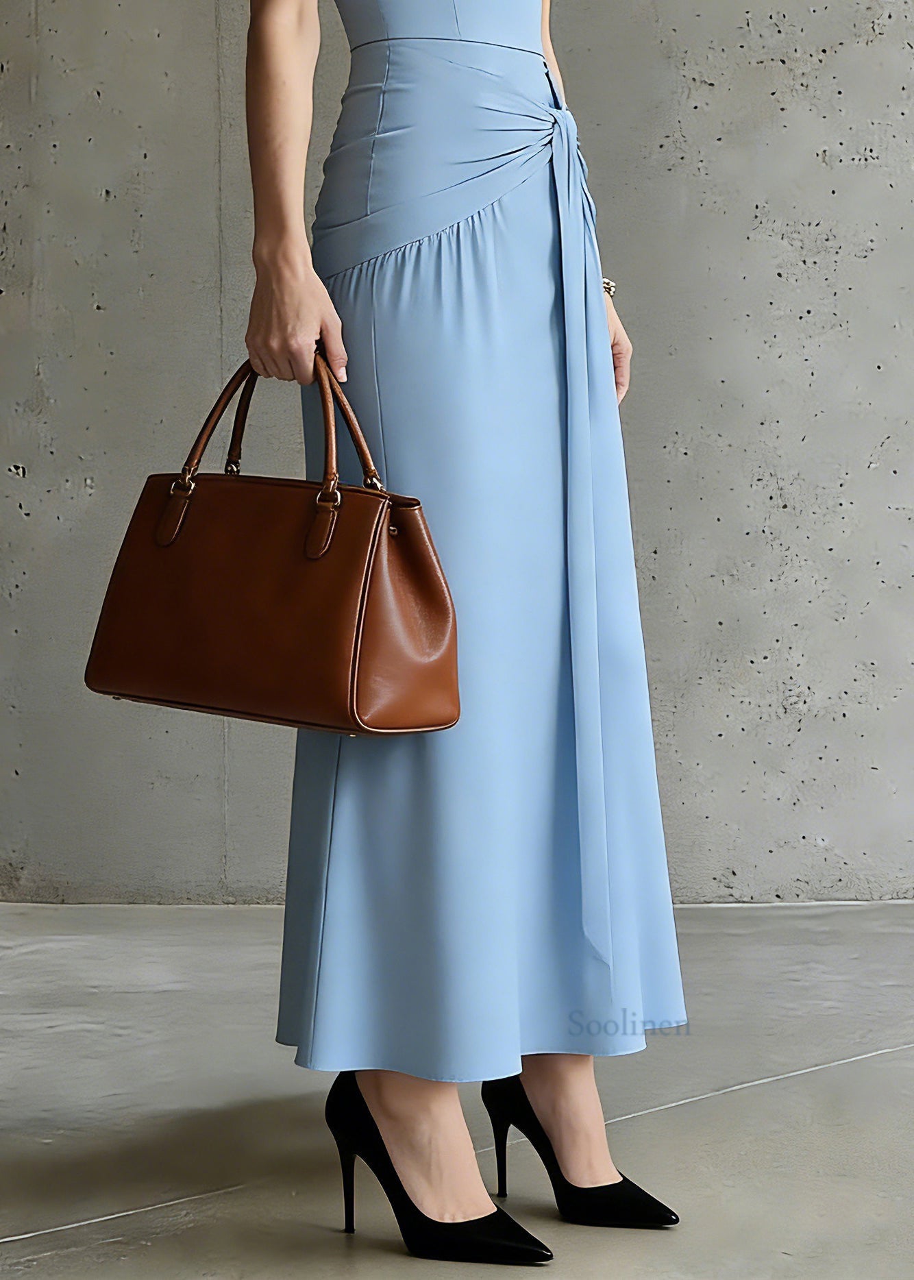 Slim Fit Blue U Neck Patchwork Tie Waist Long Spaghetti Strap Dress Summer