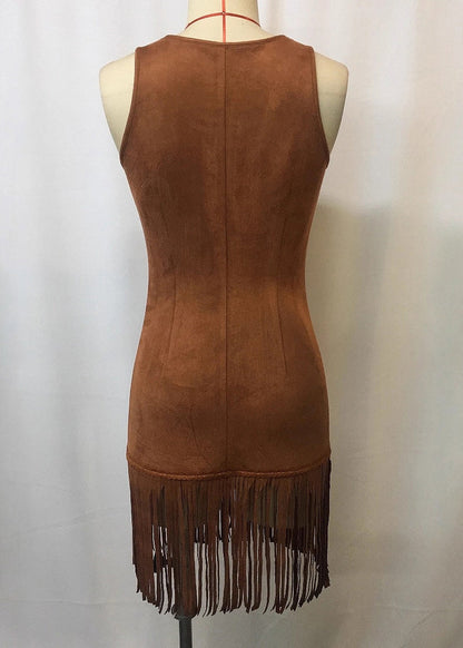 Slim Fit Brown Tasseled Button Faux Suede Mini Dresses Sleeveless