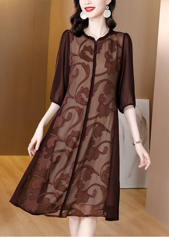 Slim Fit Coffee O-neck Print Silk Maxi Dresses Summe