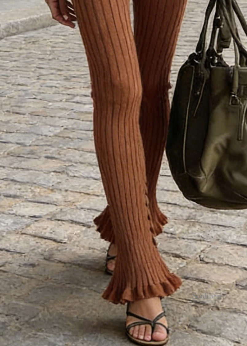 Slim Fit Coffee Ruffled Elastic Waist Knit Flared Trousers Spring