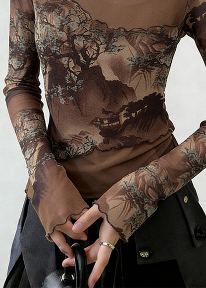 Slim Fit Coffee Ruffled Print Patchwork Tulle T Shirt Spring