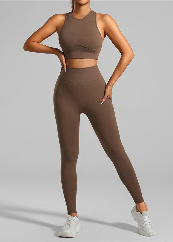 Slim Fit Coffee Sports Bra and Seamless Yoga Pants Leggings Set Suit