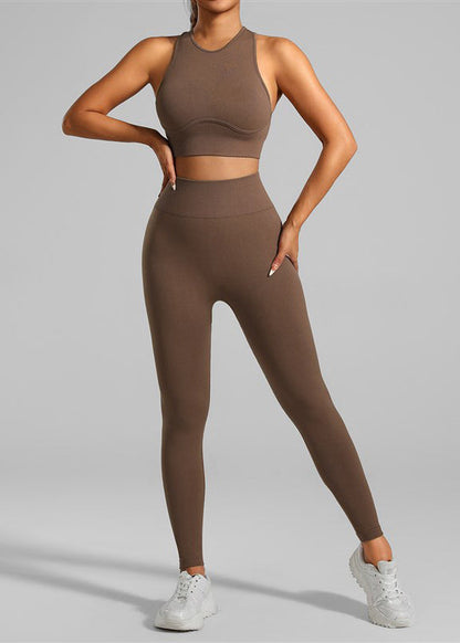 Slim Fit Coffee Sports Bra and Seamless Yoga Pants Leggings Set Suit