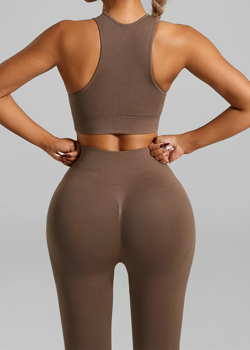 Slim Fit Coffee Sports Bra and Seamless Yoga Pants Leggings Set Suit