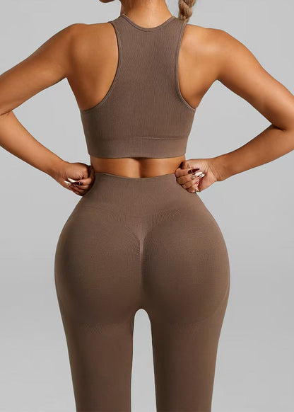 Slim Fit Coffee Sports Bra and Seamless Yoga Pants Leggings Set Suit