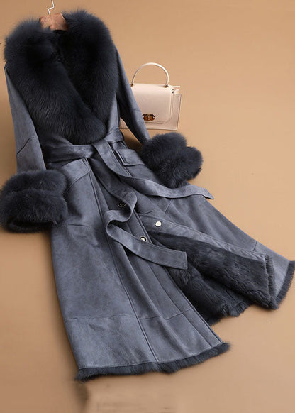 Slim Fit Denim Blue Fox Collar Sashes Pockets Leather and Fur Parkas Winter