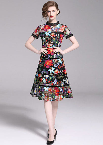 Slim Fit Embroideried Patchwork Tulle Mid Dress Summer