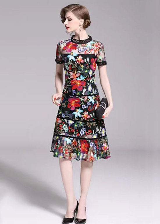 Slim Fit Embroideried Patchwork Tulle Mid Dress Summer