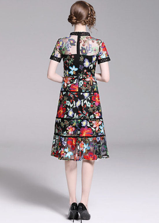 Slim Fit Embroideried Patchwork Tulle Mid Dress Summer