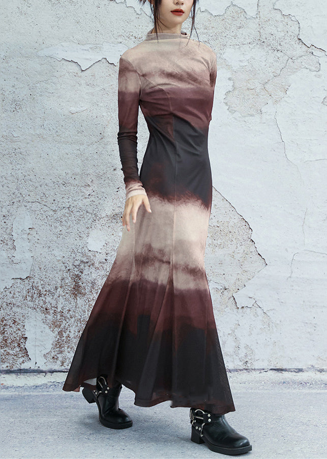 Slim Fit Gradient Color Turtleneck Tulle Long Dresses Spring