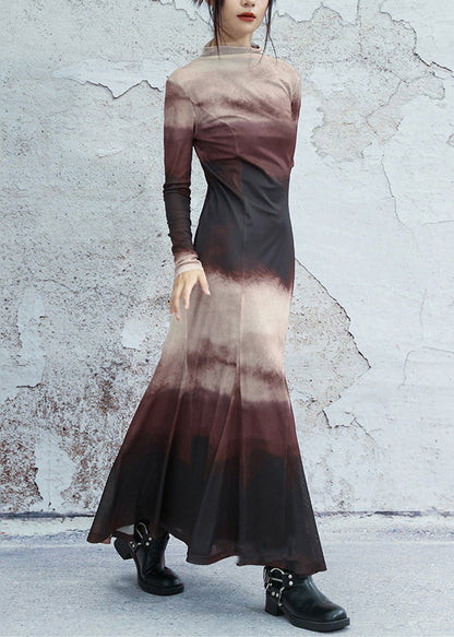 Slim Fit Gradient Color Turtleneck Tulle Long Dresses Spring