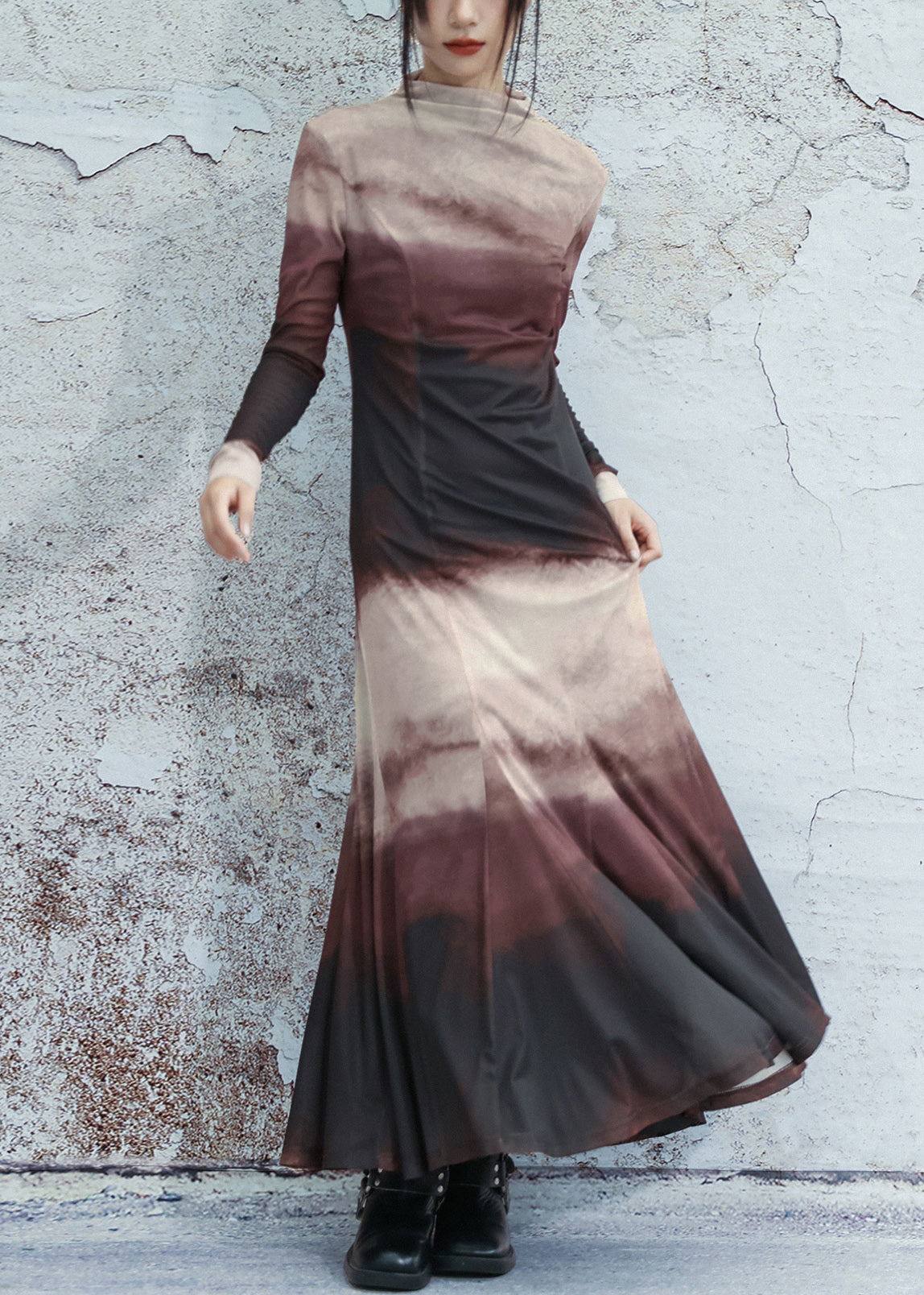 Slim Fit Gradient Color Turtleneck Tulle Long Dresses Spring