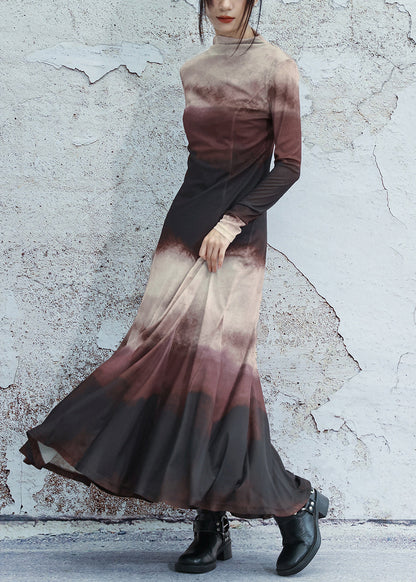 Slim Fit Gradient Color Turtleneck Tulle Long Dresses Spring