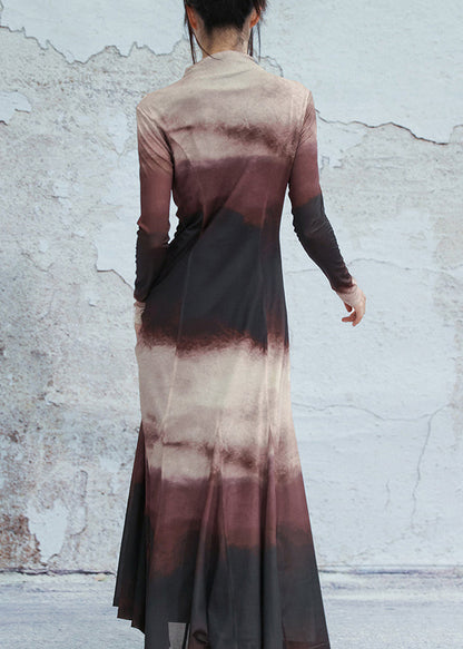 Slim Fit Gradient Color Turtleneck Tulle Long Dresses Spring