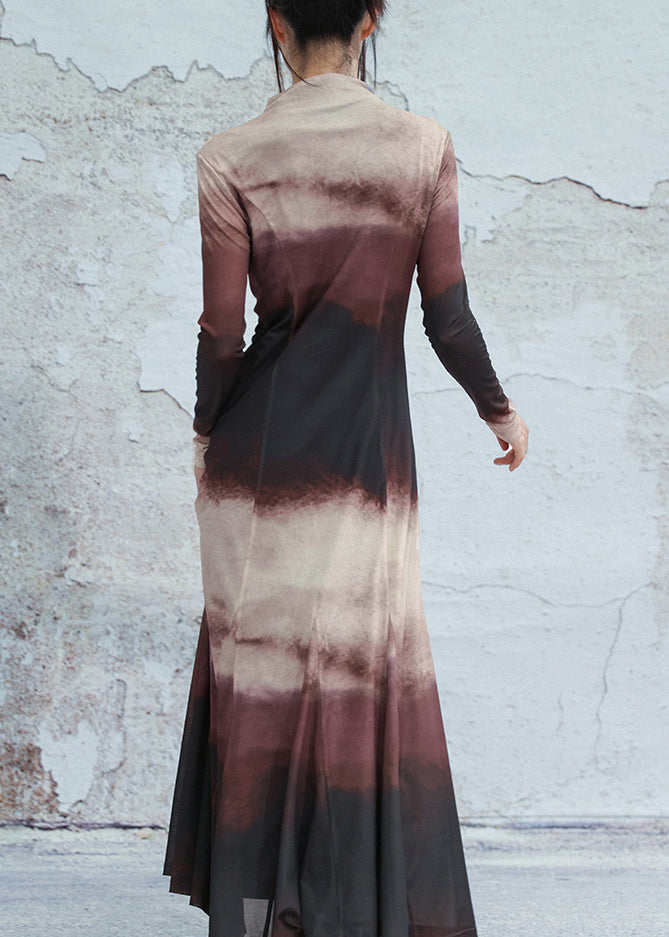 Slim Fit Gradient Color Turtleneck Tulle Long Dresses Spring